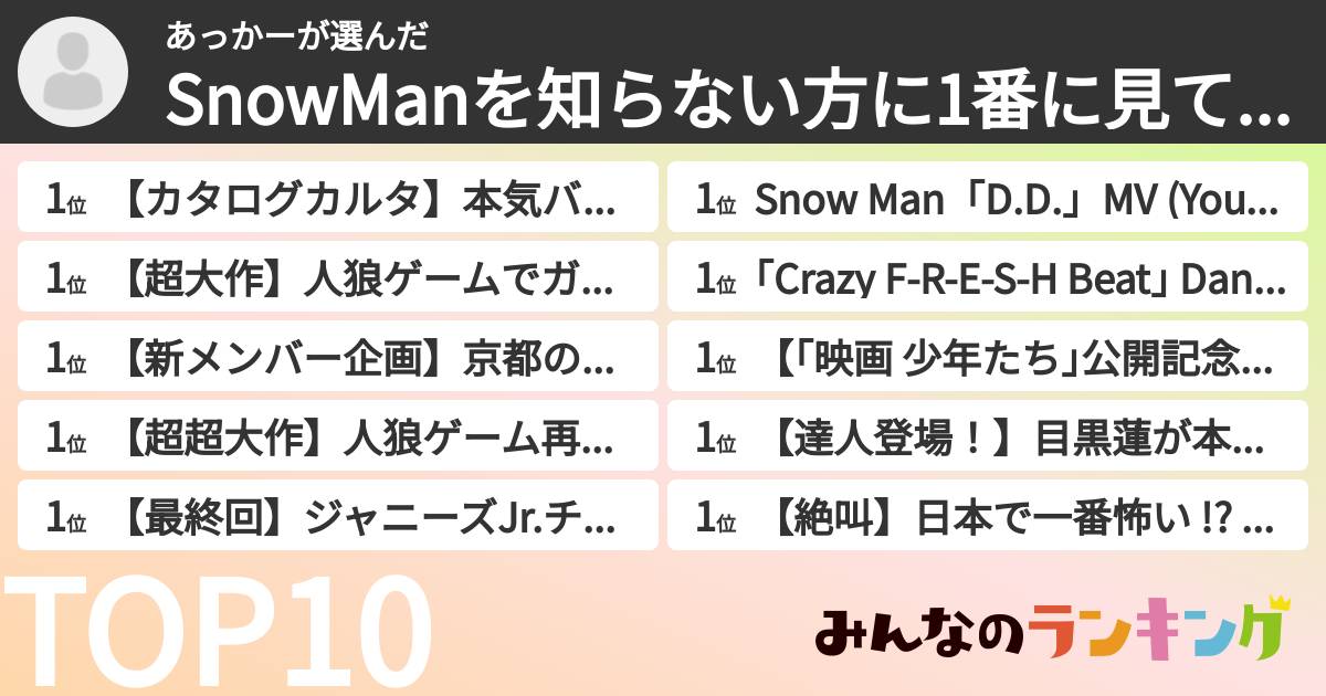 あっかーさんの「SnowManを知らない方に1番に見て貰いたいYouTube回ランキング」