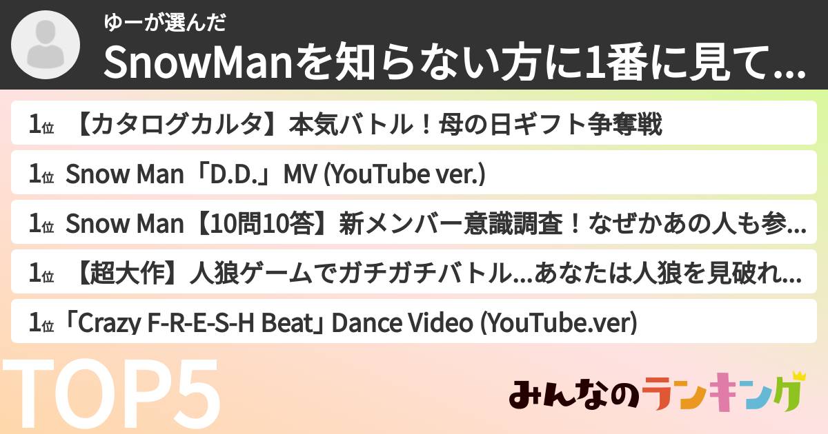 ゆーさんの「SnowManを知らない方に1番に見て貰いたいYouTube回ランキング」