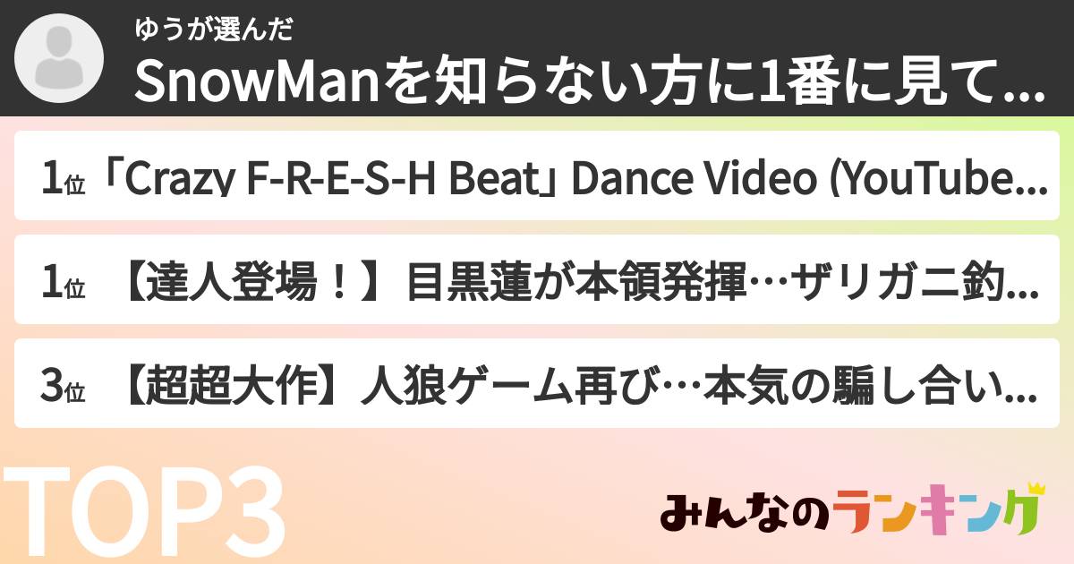 ゆうさんの「SnowManを知らない方に1番に見て貰いたいYouTube回ランキング」