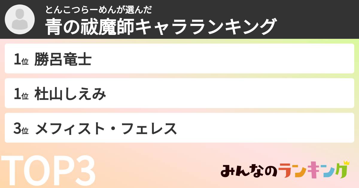 とんこつらーめんさんの「青の祓魔師キャラランキング」