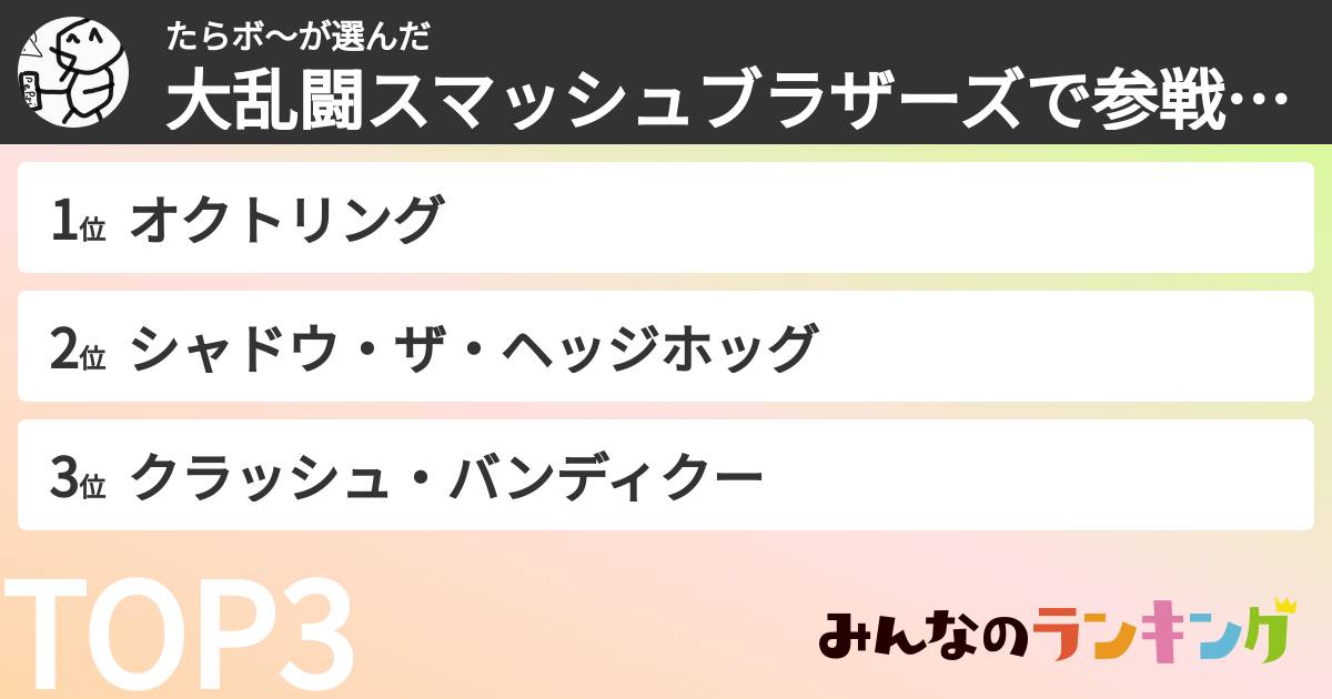 たらボ〜さんの「大乱闘スマッシュブラザーズで参戦してほしいランキング」
