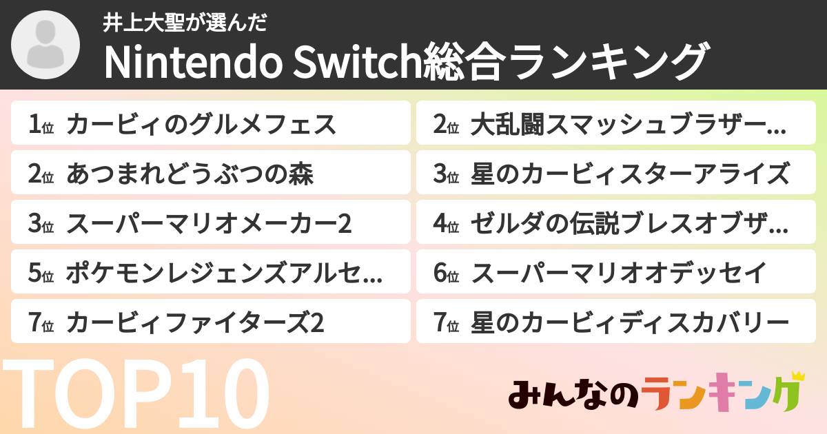 井上大聖さんの「Nintendo Switch総合ランキング」