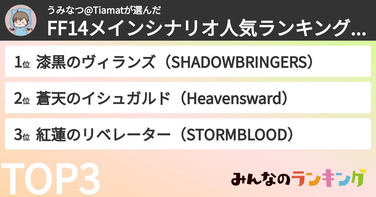 うみなつ@Tiamatさんの「FF14メインシナリオ人気ランキング！どの物語が好きだった？」