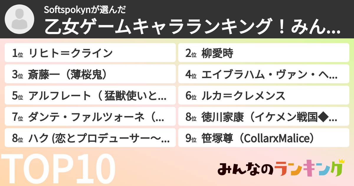 Softspokynさんの「乙女ゲームキャラランキング!みんなが好きな乙女ゲームの男性キャラは?ランキング」