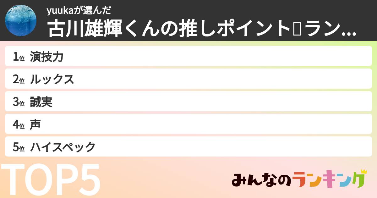 yuukaさんの「古川雄輝くんの推しポイント✨ランキング」