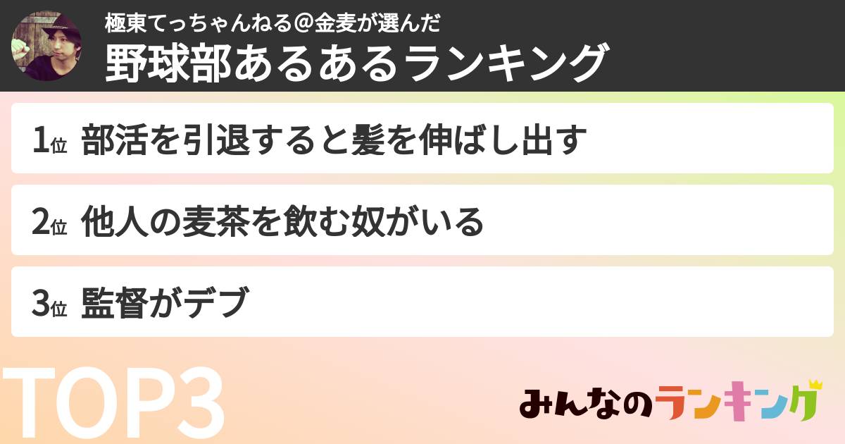 極東てっちゃんねる＠金麦さんの「野球部あるあるランキング」