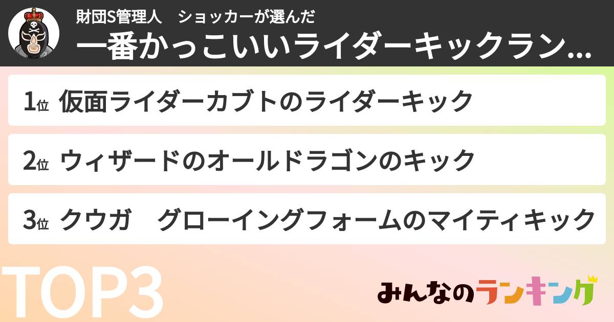 財団S管理人　ショッカーさんの「一番かっこいいライダーキックランキング」