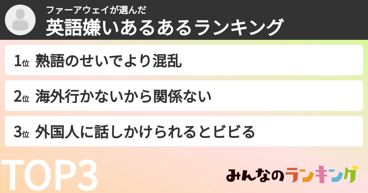 ファーアウェイさんの「英語嫌いあるあるランキング」