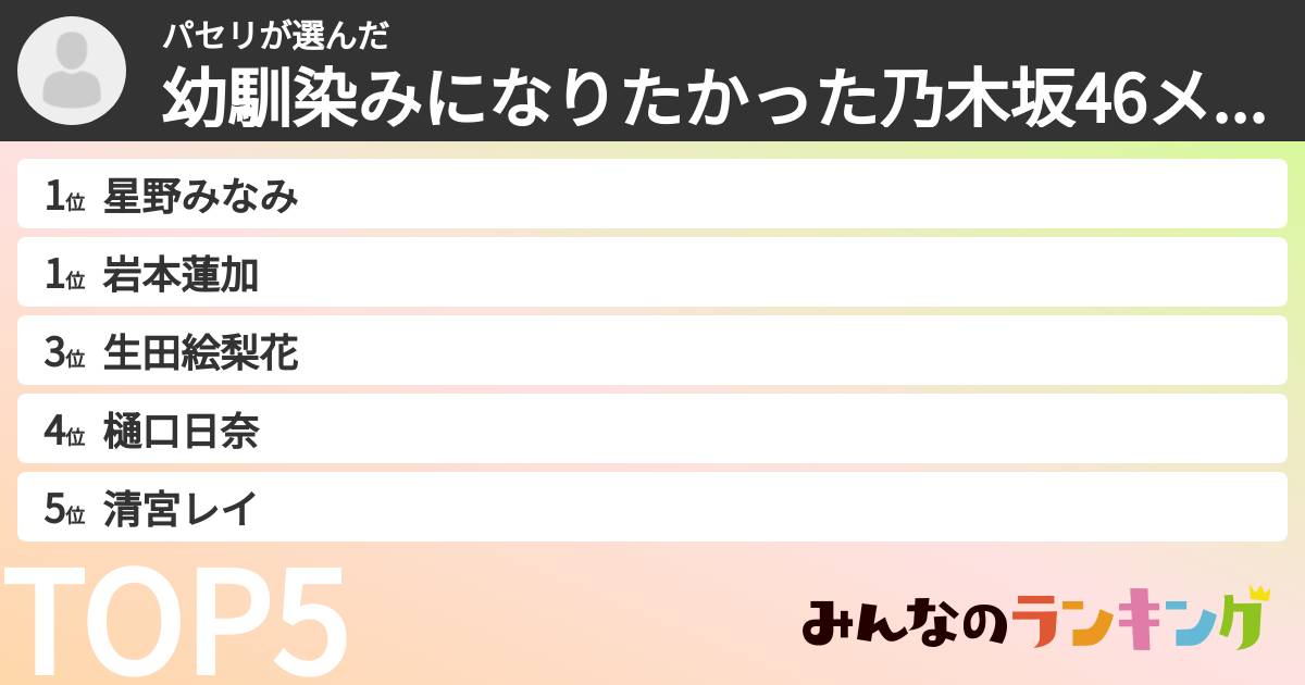 パセリさんの「幼馴染みになりたかった乃木坂46メンバーランキング」