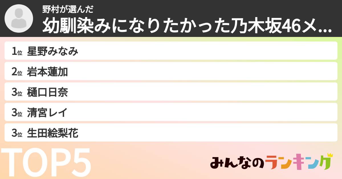 野村さんの「幼馴染みになりたかった乃木坂46メンバーランキング」