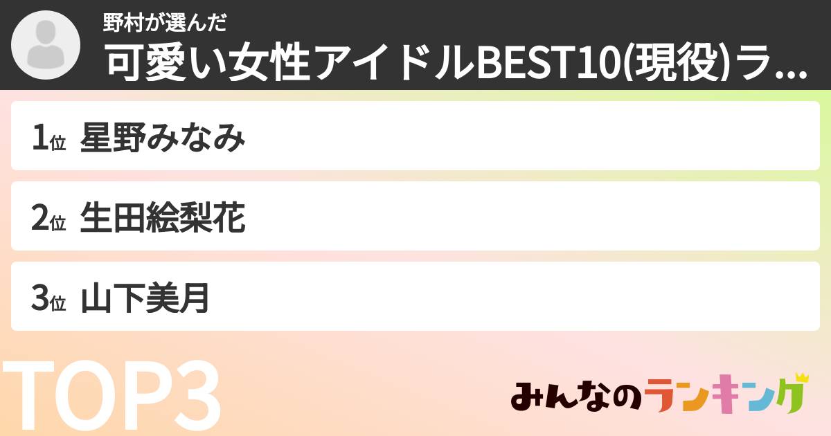野村さんの「可愛い女性アイドルBEST10(現役)ランキング」