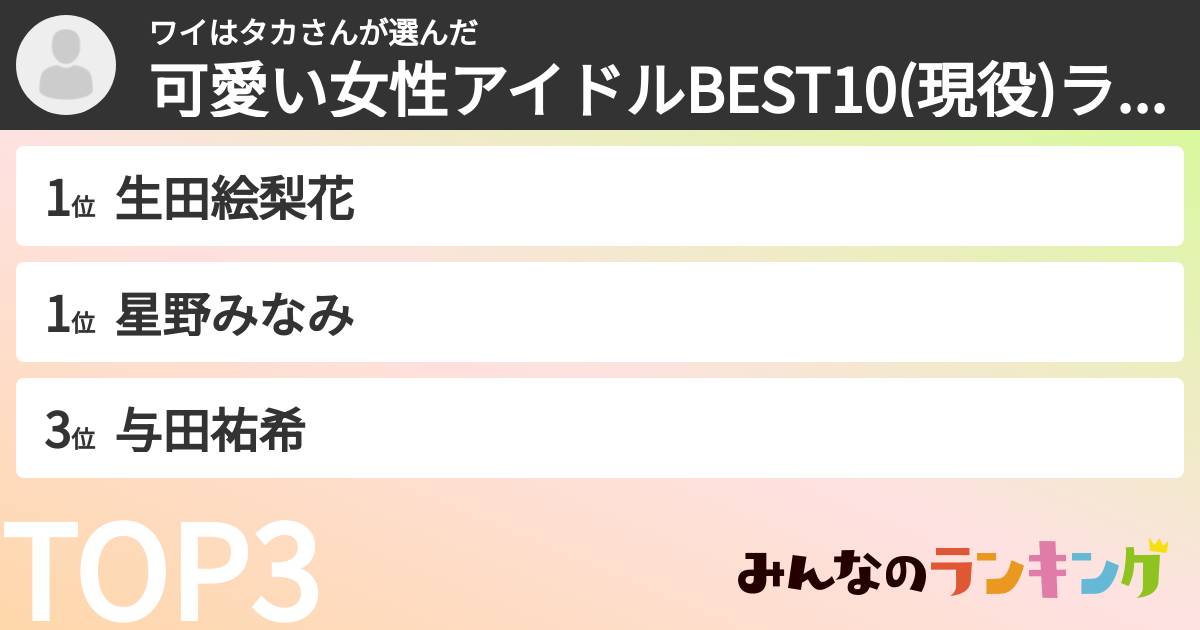 ワイはタカさんさんの「可愛い女性アイドルBEST10(現役)ランキング」