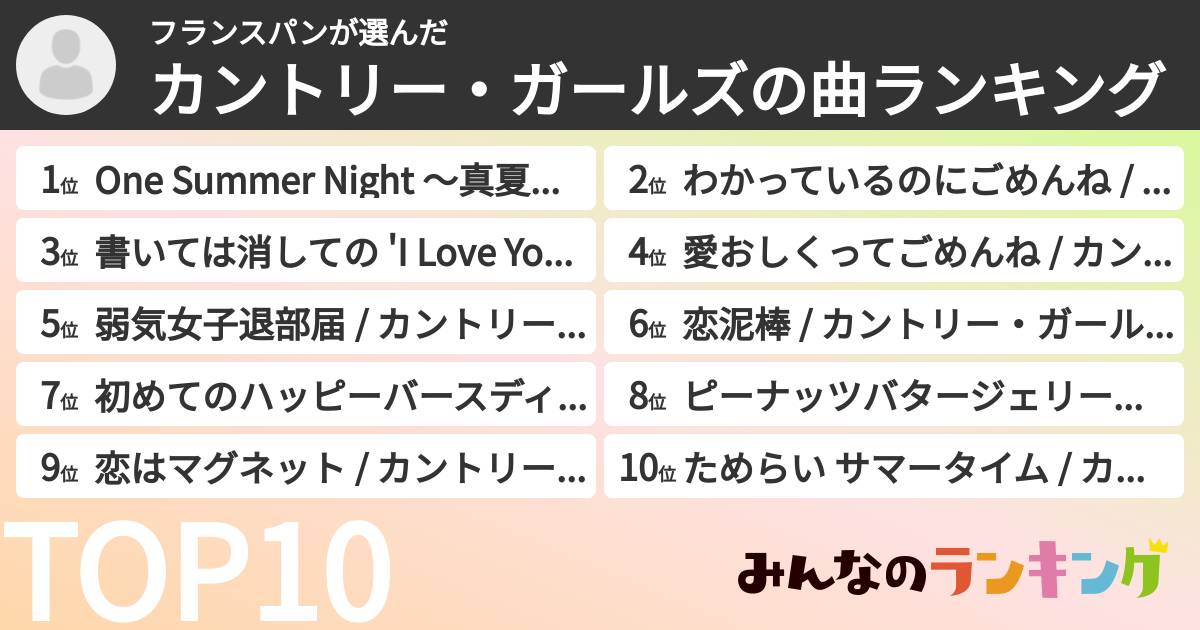 フランスパンさんの「カントリー・ガールズの曲ランキング」