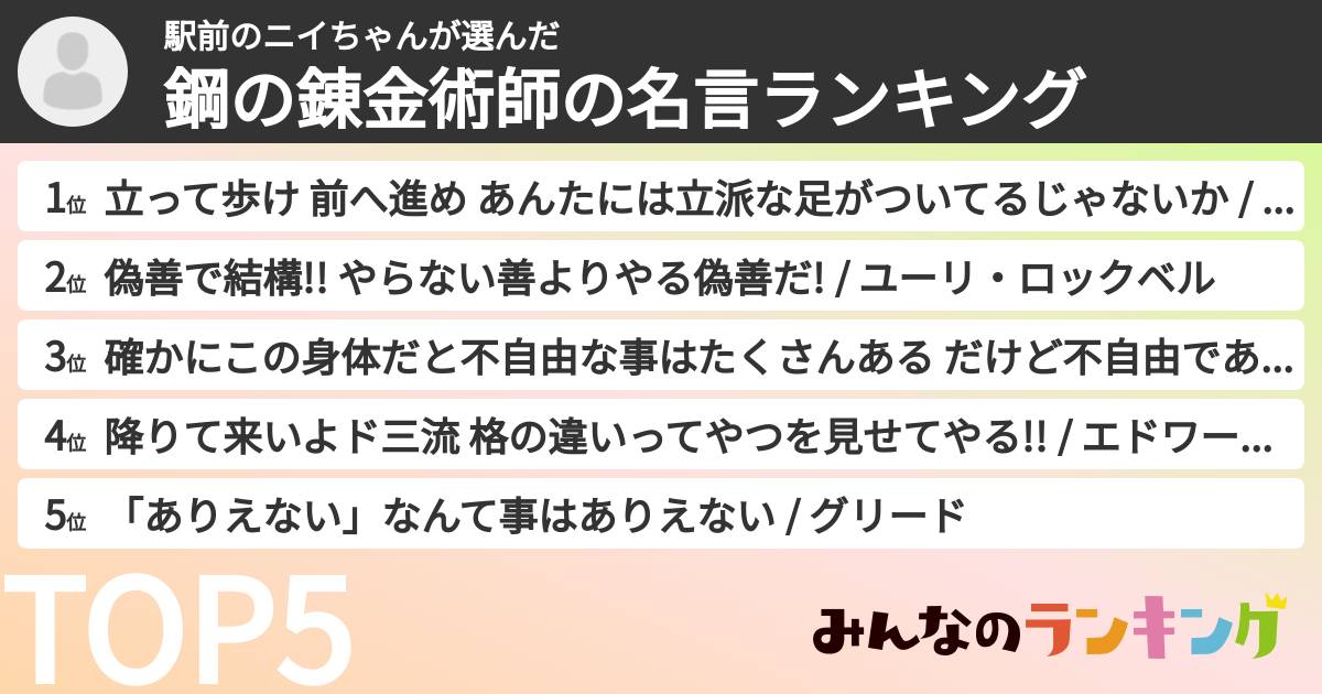 駅前のニイちゃんさんの「鋼の錬金術師の名言ランキング」