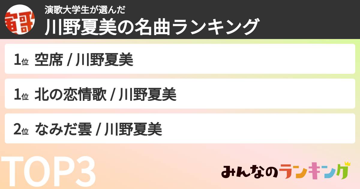 演歌大学生さんの「川野夏美の曲ランキング」
