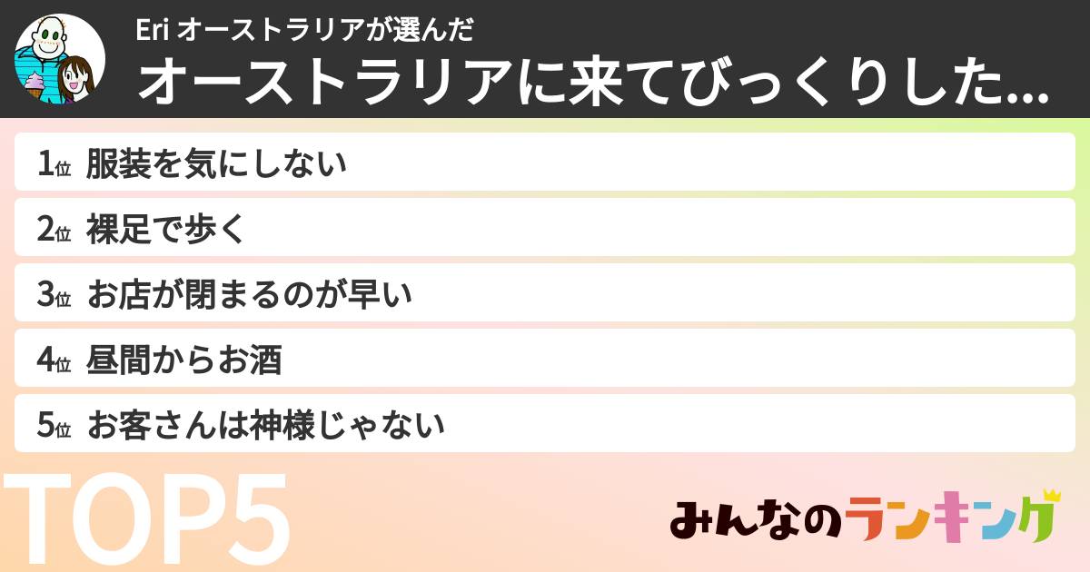 Eri オーストラリアさんの「オーストラリアに来てびっくりした事ランキング」