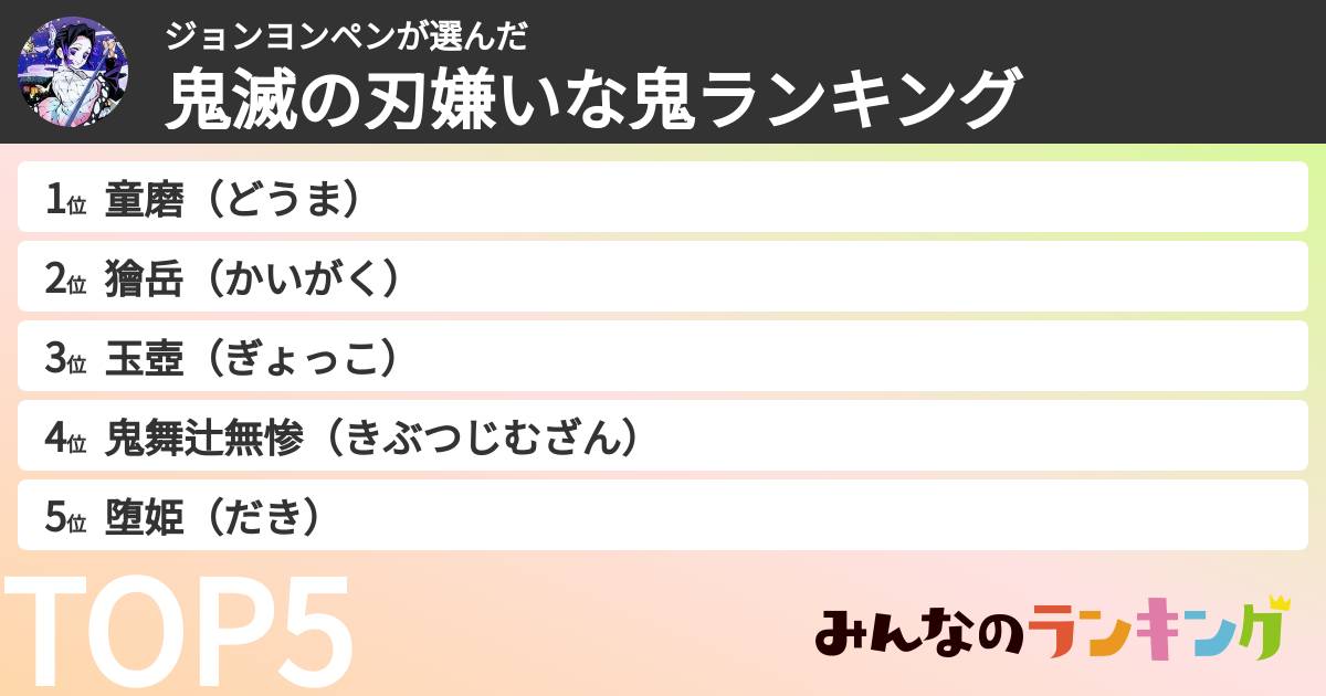 ジョンヨンペンさんの「鬼滅の刃嫌いな鬼ランキング」