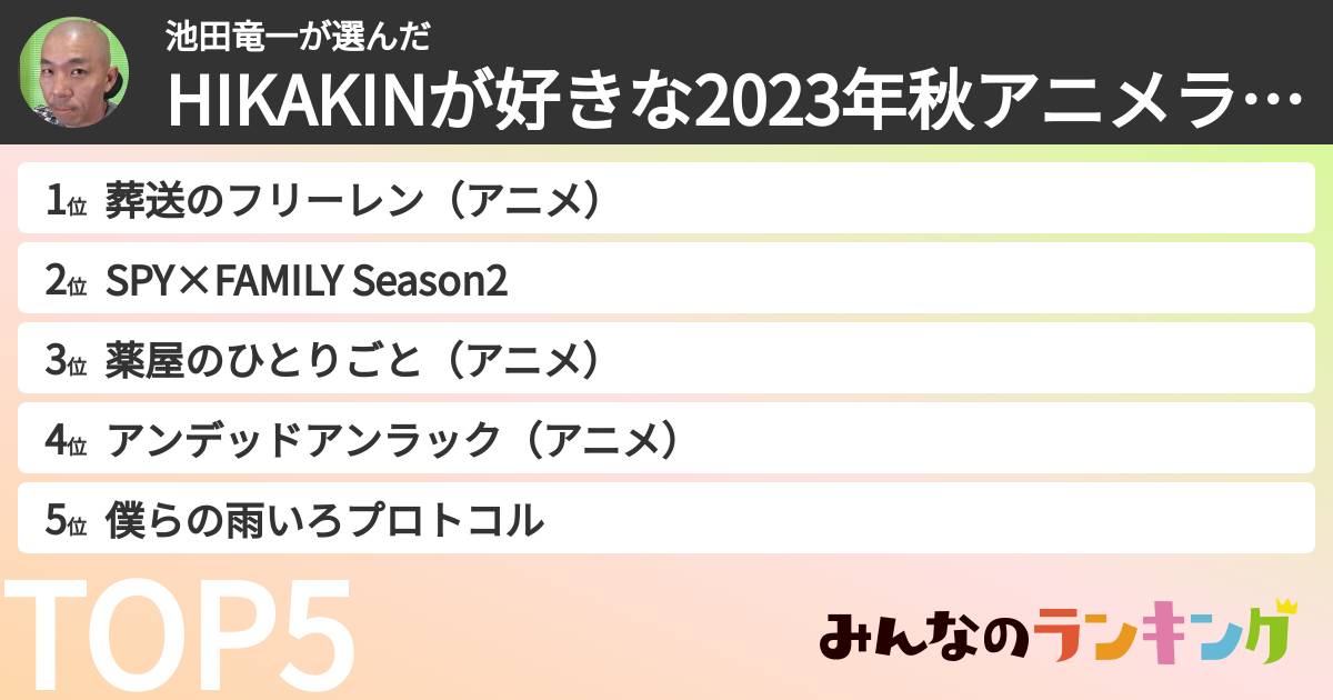 池田竜一さんの「HIKAKINが好きな2023年秋アニメランキング」