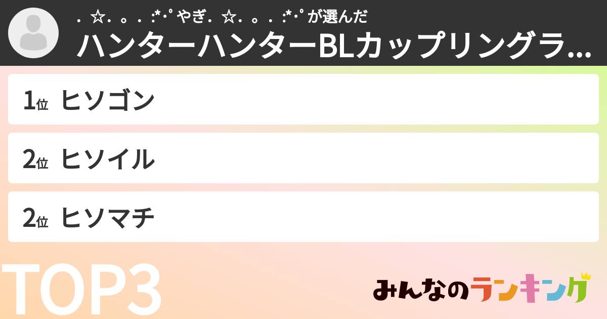 ．☆．。．:*･ﾟやぎ．☆．。．:*･ﾟさんの「ハンターハンターBLカップリングランキング」