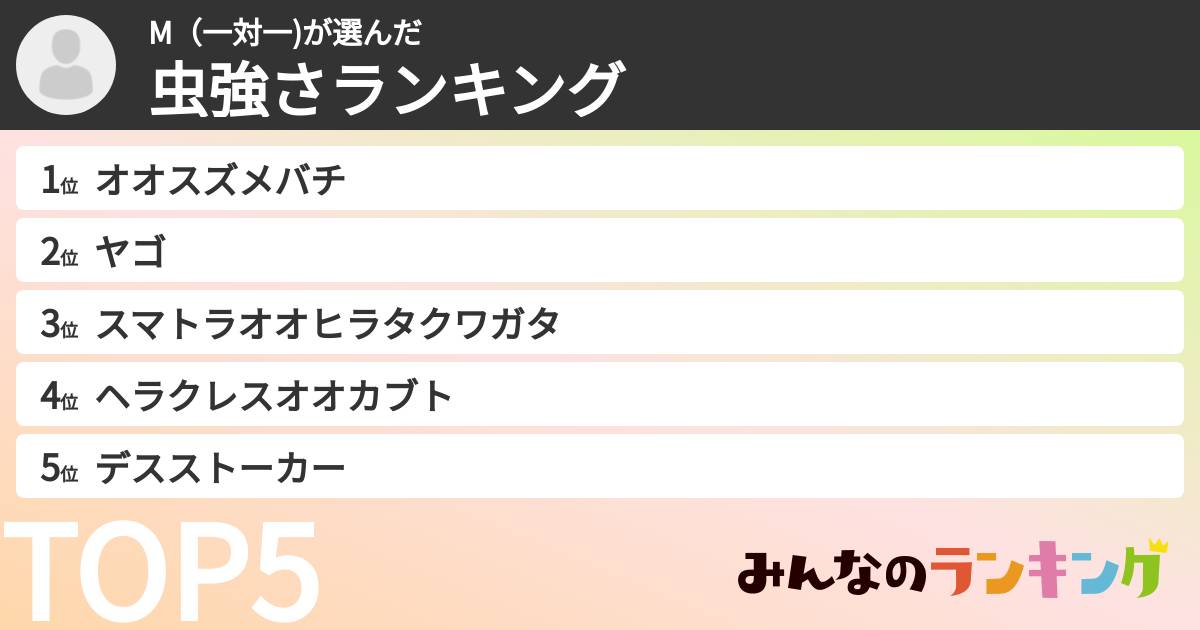 M（一対一)さんの「虫強さランキング」