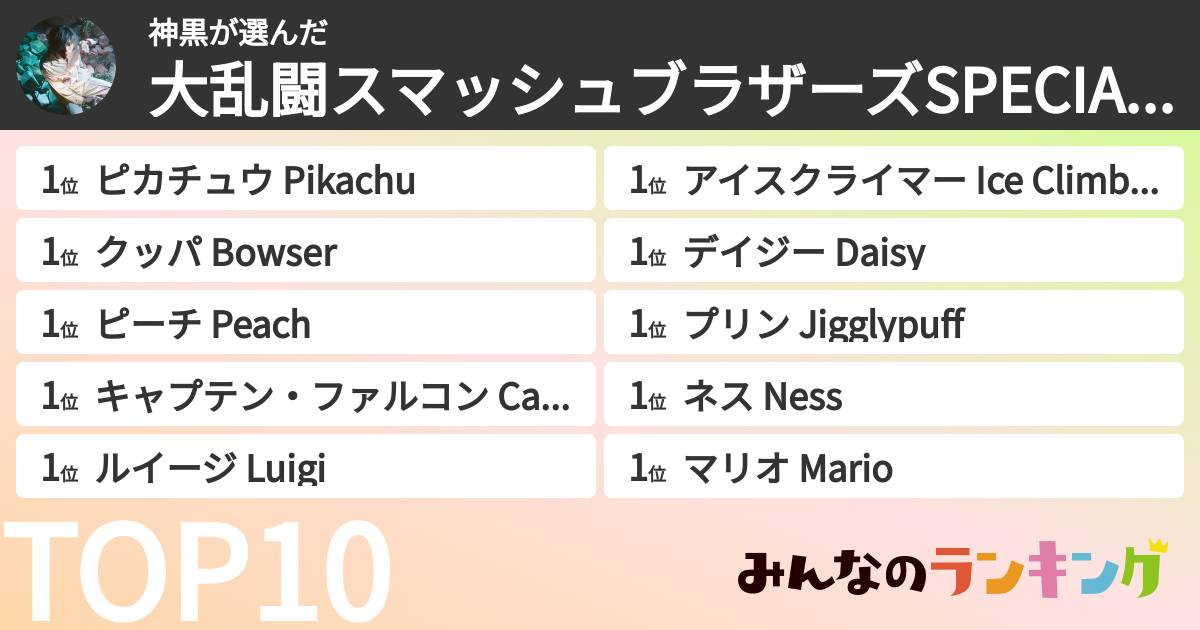 神黒さんの「大乱闘スマッシュブラザーズSPECIAL最強キャラランキング」