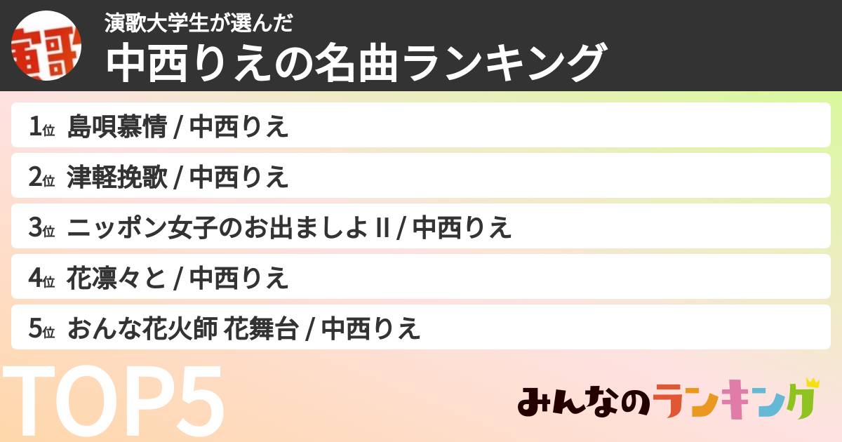 演歌大学生さんの「中西りえの名曲ランキング」