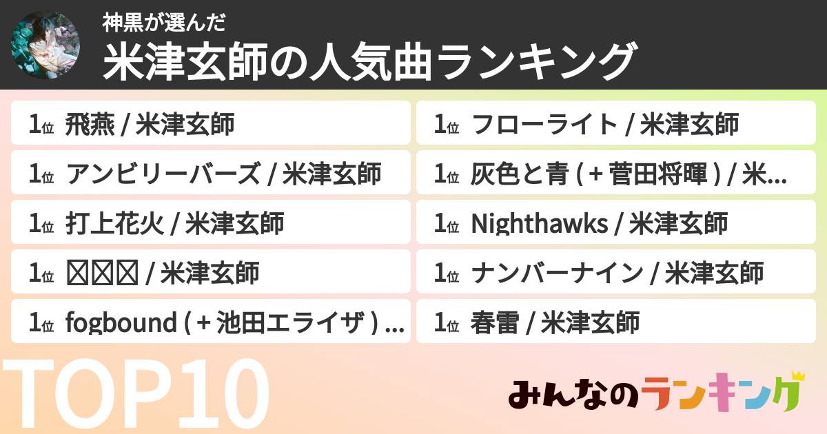 神黒さんの「米津玄師の人気曲ランキング」