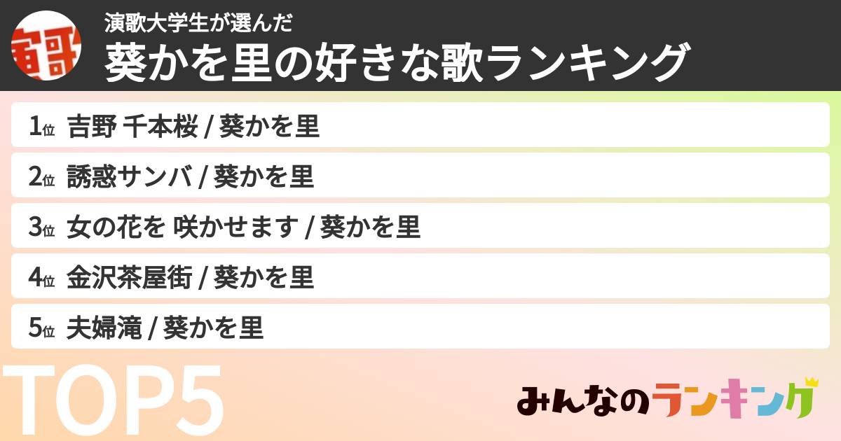 演歌大学生さんの「葵かを里の好きな歌ランキング」