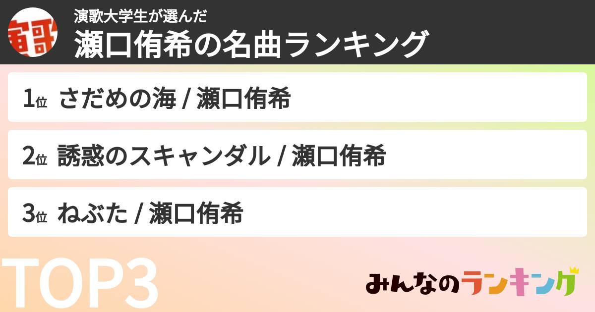 演歌大学生さんの「瀬口侑希の名曲ランキング」