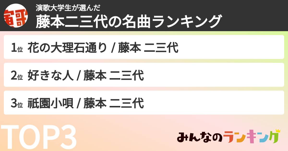 演歌大学生さんの「藤本二三代の名曲ランキング」