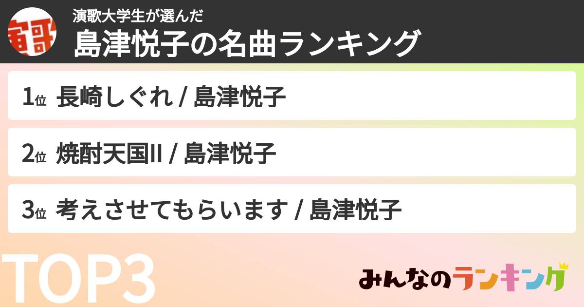 演歌大学生さんの「島津悦子の名曲ランキング」