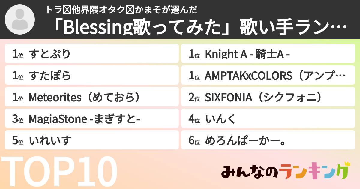 トラ✘他界隈オタク✘かまそさんの「「Blessing歌ってみた」歌い手ランキング」