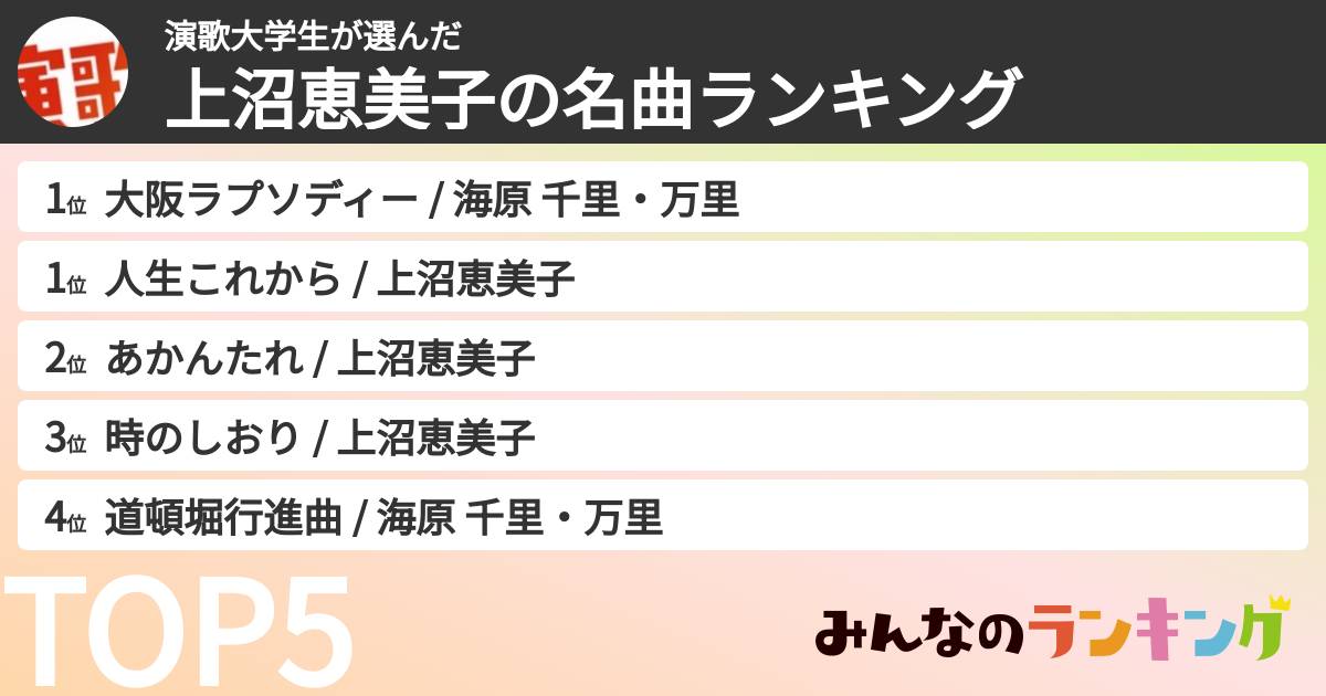 演歌大学生さんの「上沼恵美子の名曲ランキング」