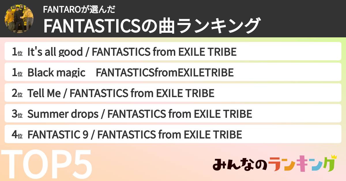 FANTAROさんの「FANTASTICSの曲ランキング」