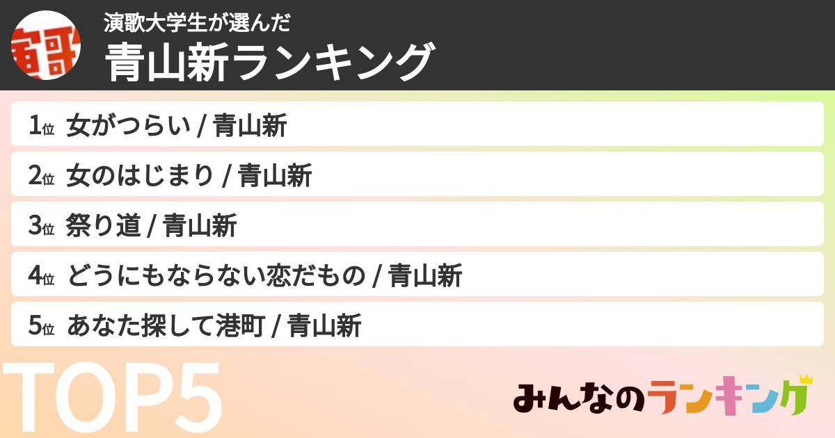 演歌大学生さんの「青山新の曲ランキング」