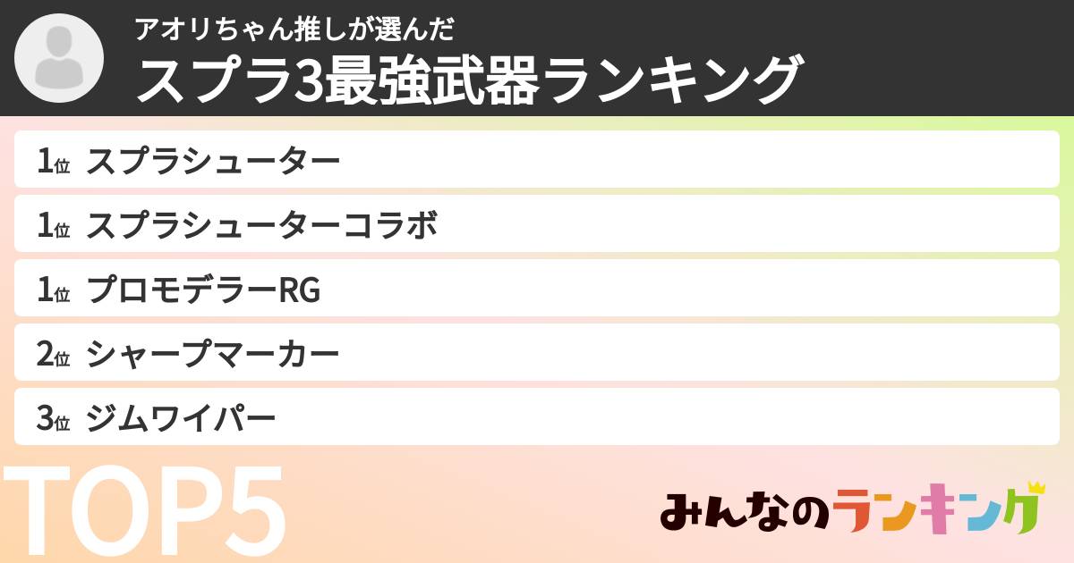 アオリちゃん推しさんの「スプラ3最強武器ランキング」