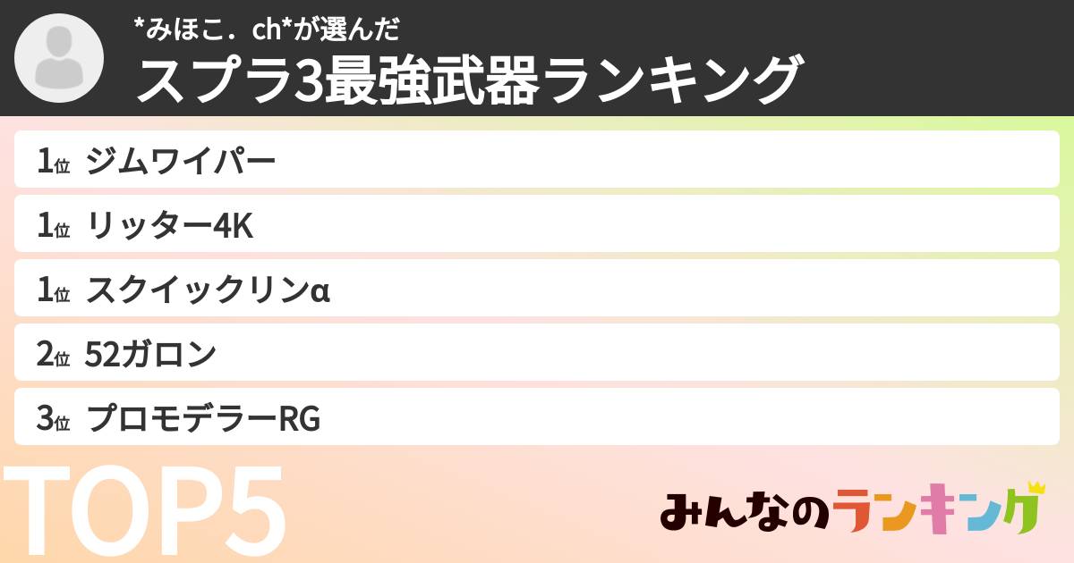 *みほこ．ch*さんの「スプラ3最強武器ランキング」