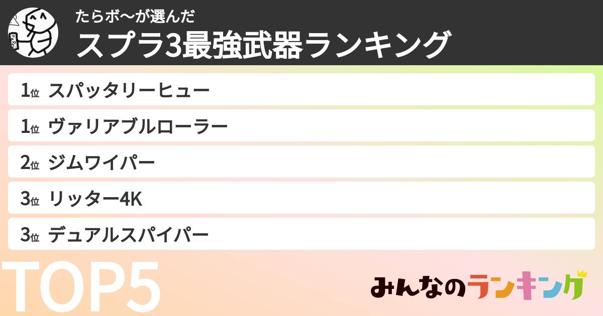 たらボ〜さんの「スプラ3最強武器ランキング」