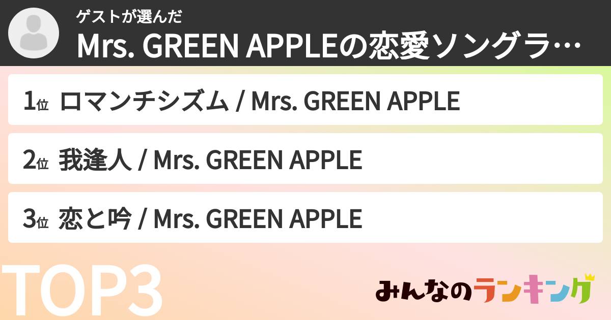 ゲストさんの「Mrs. GREEN APPLEの恋愛ソングランキング」