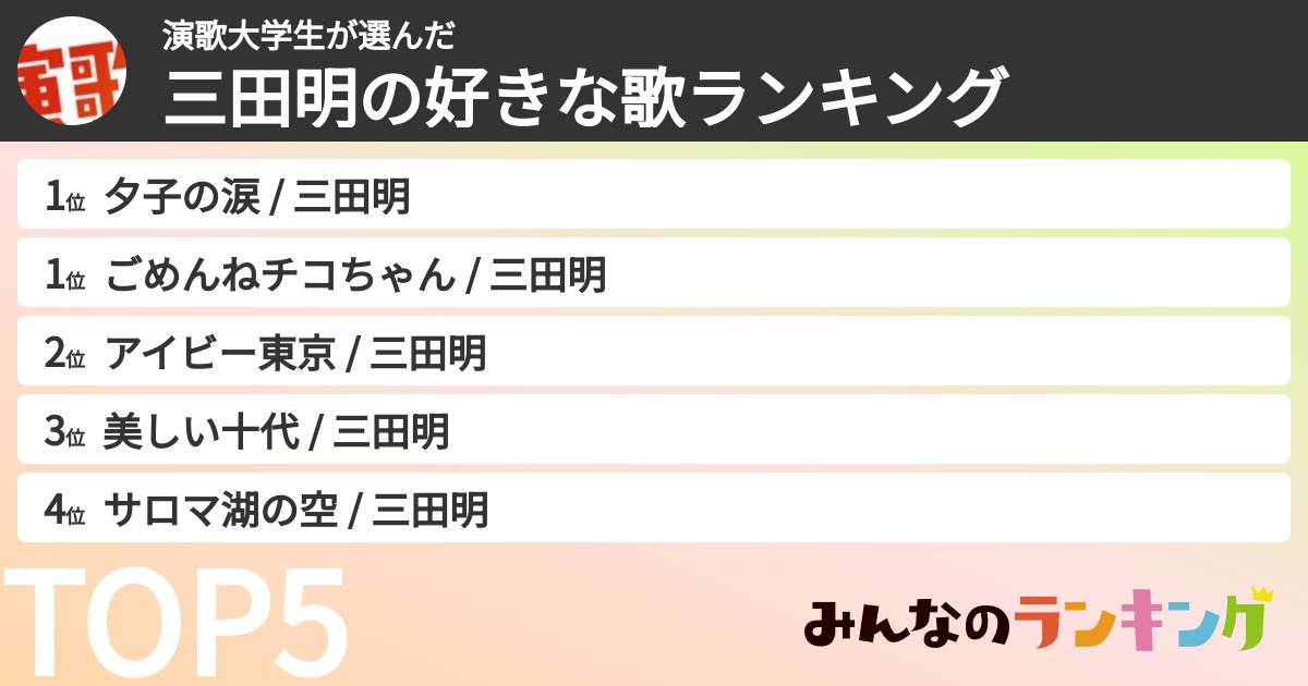 演歌大学生さんの「三田明の好きな歌ランキング」