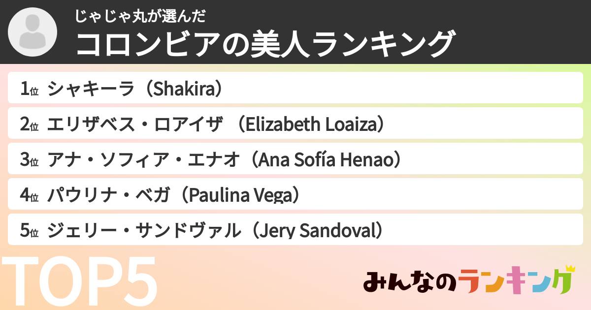 じゃじゃ丸さんの「コロンビアの美人ランキング」