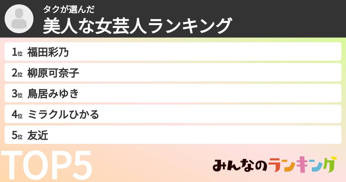 タクさんの「美人な女芸人ランキング」