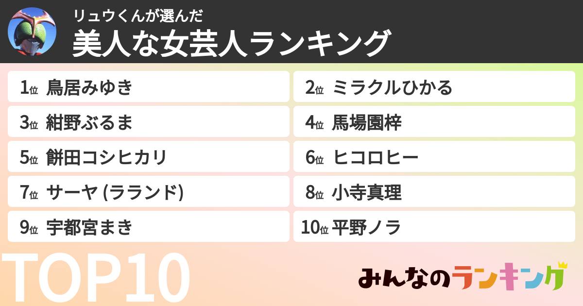 リュウくんさんの「美人な女芸人ランキング」