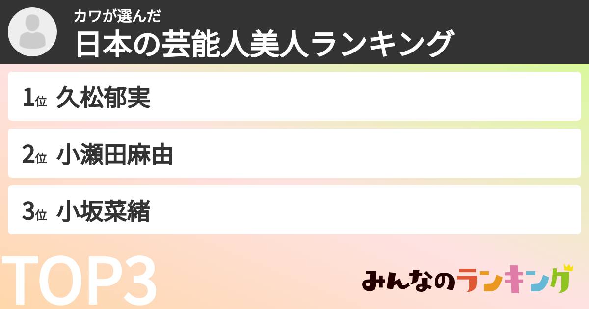 カワさんの「日本の芸能人美人ランキング」