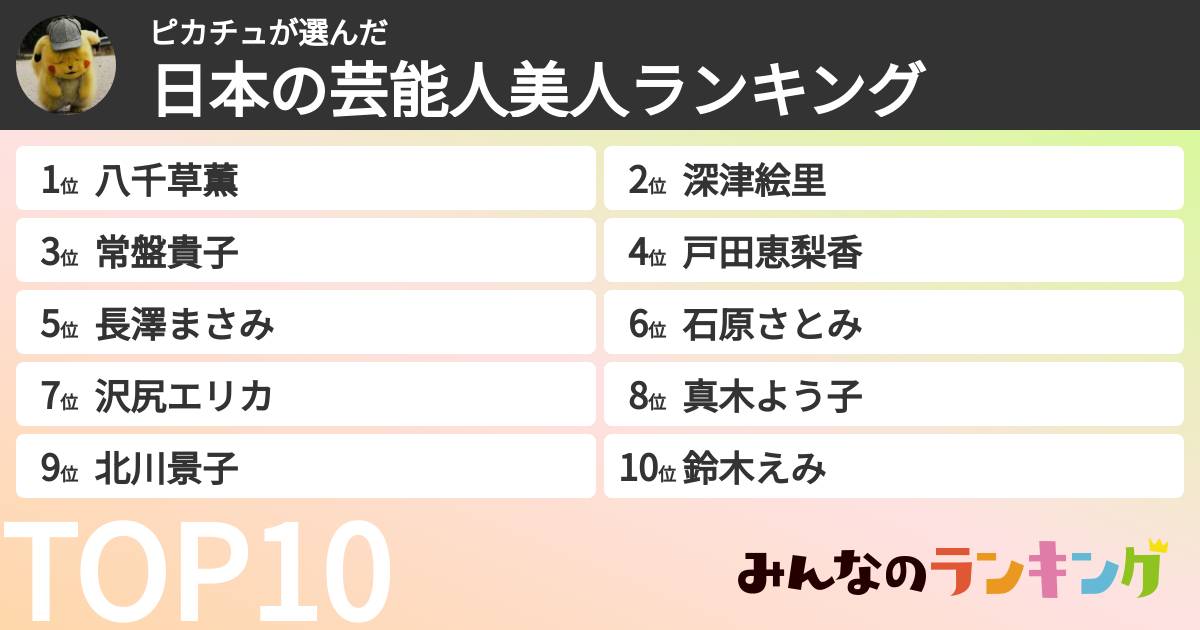 ピカチュさんの「日本の芸能人美人ランキング」