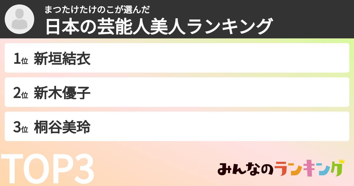 まつたけたけのこさんの「日本の芸能人美人ランキング」
