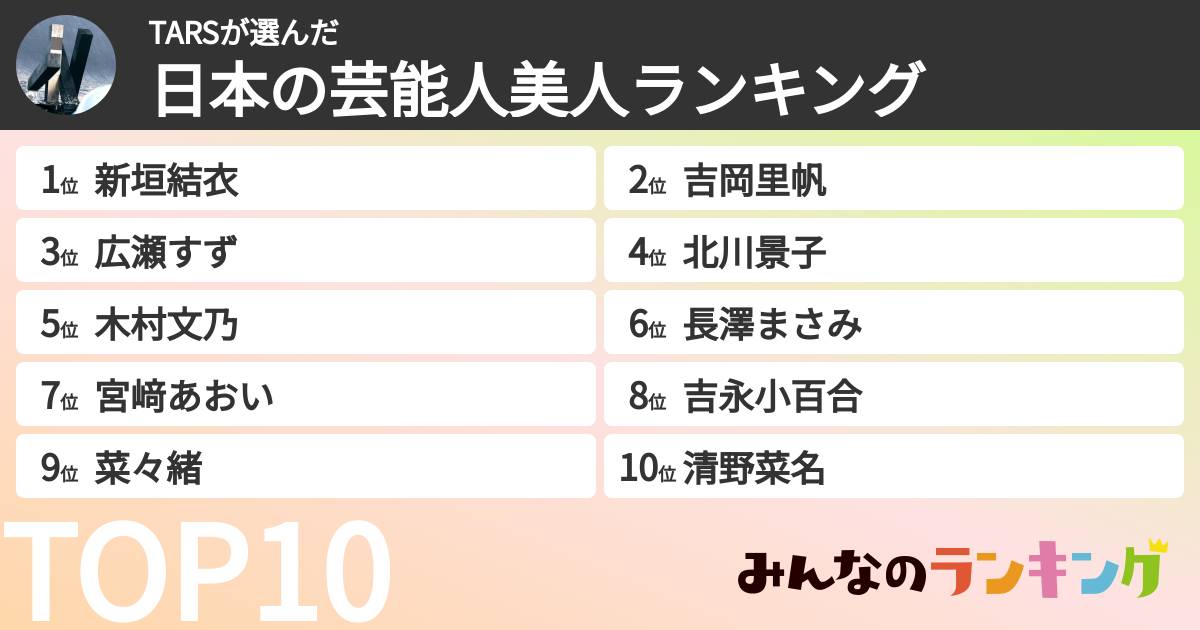 TARSさんの「日本の芸能人美人ランキング」