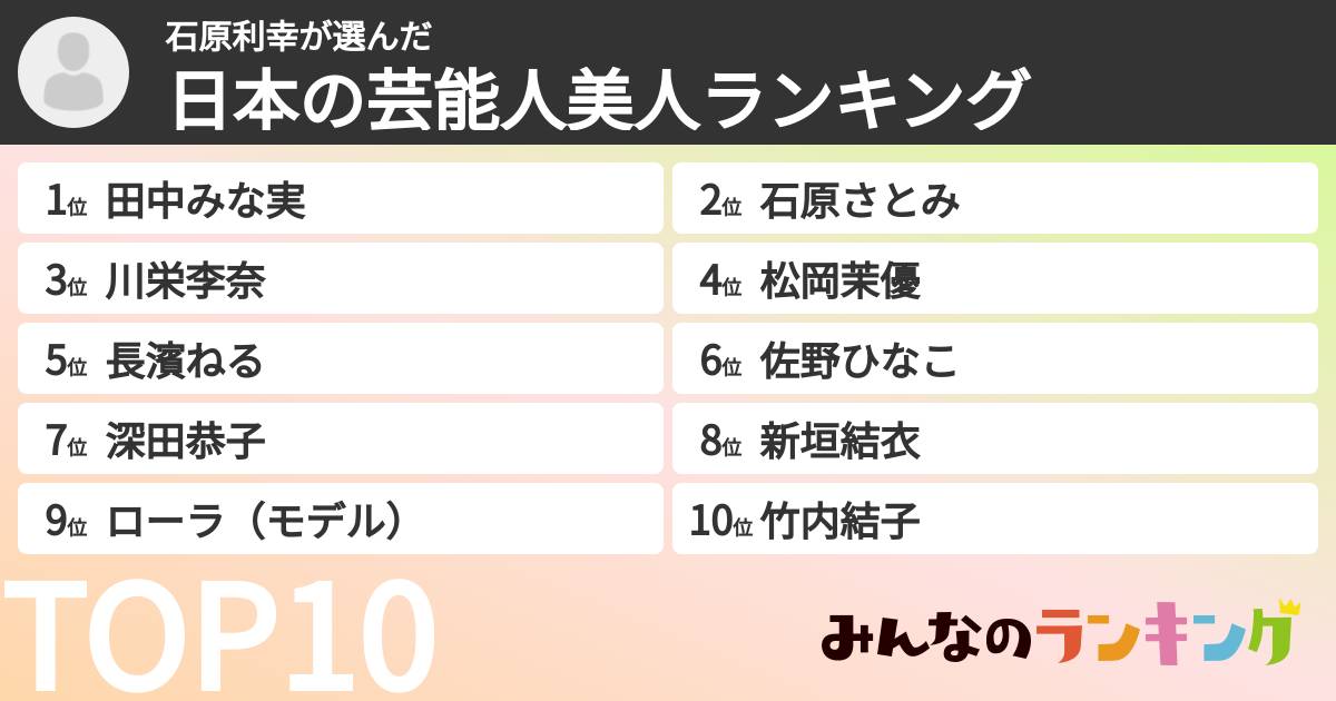 石原利幸さんの「日本の芸能人美人ランキング」