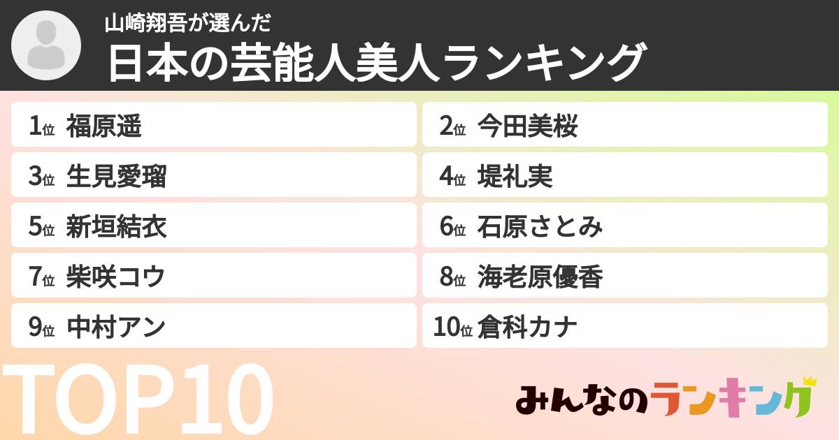 山崎翔吾さんの「日本の芸能人美人ランキング」