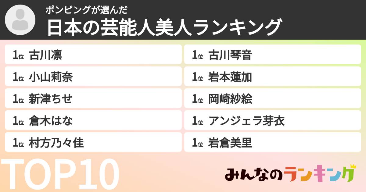 ポンピングさんの「日本の芸能人美人ランキング」